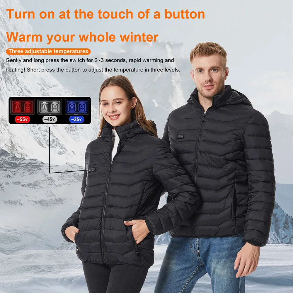 Heated Jacket, USB Intelligent Dual Control Switch 9-21 Zone Heated Jacket, Men's Women's Warm Cotton Jacket with Removable Hood