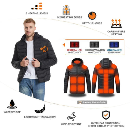 Heated Jacket, USB Intelligent Dual Control Switch 9-21 Zone Heated Jacket, Men's Women's Warm Cotton Jacket with Removable Hood