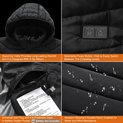 Heated Jacket, USB Intelligent Dual Control Switch 9-21 Zone Heated Jacket, Men's Women's Warm Cotton Jacket with Removable Hood